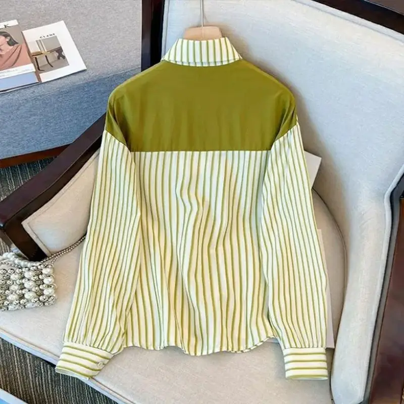 Women Striped Long Sleeve Shirt Green Autumn Stitched