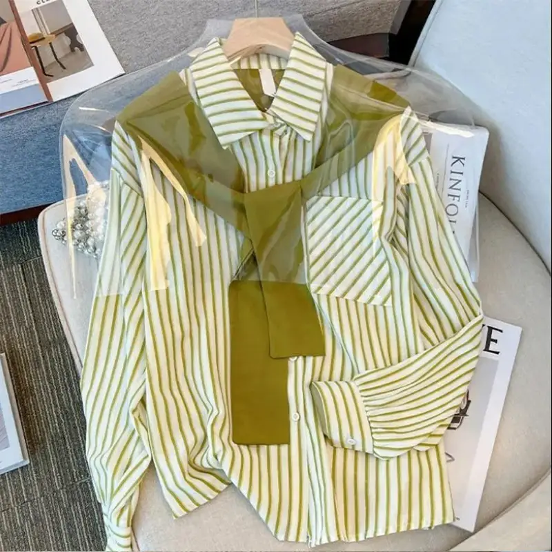 Women Striped Long Sleeve Shirt Green Autumn Stitched