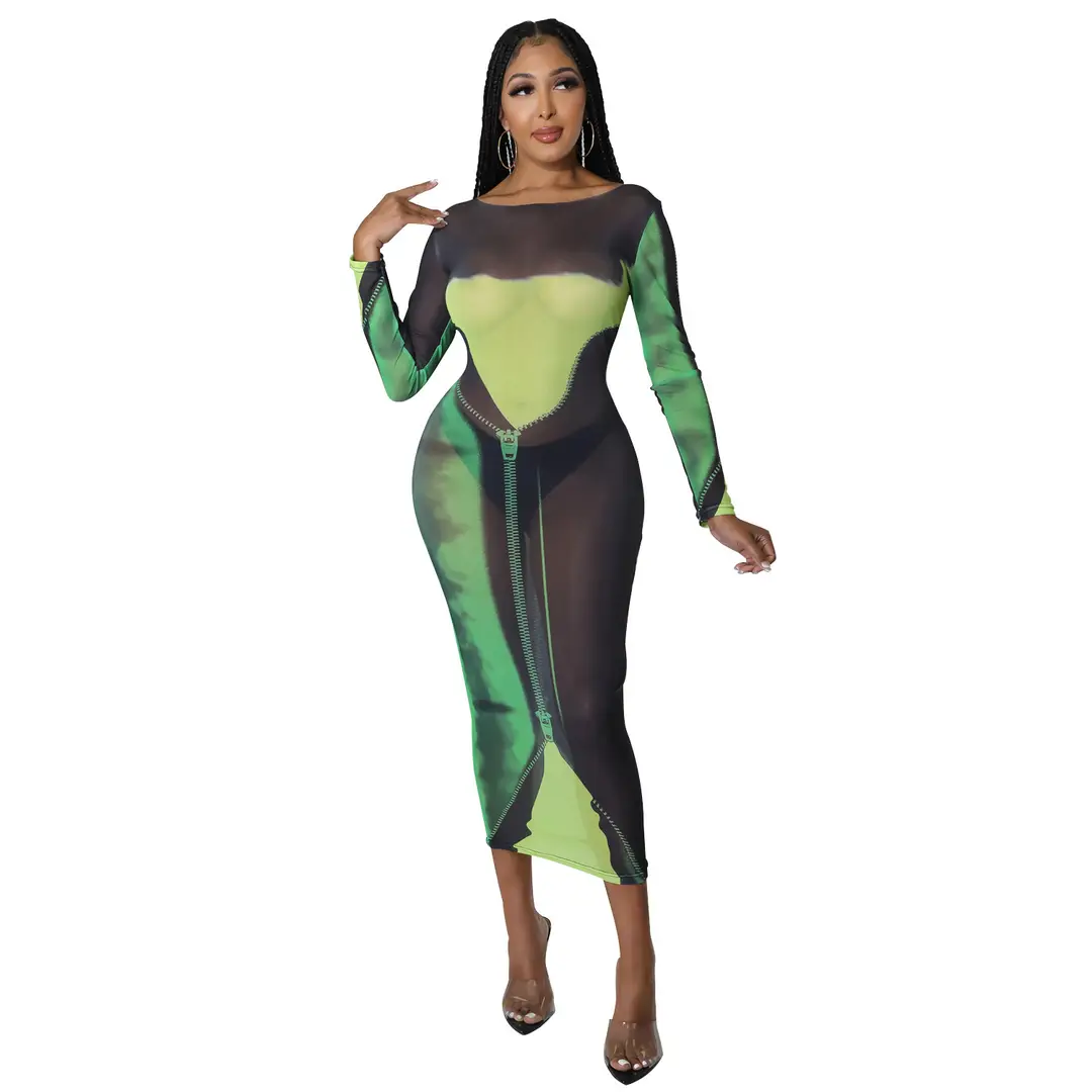 Women Mesh Printed Long Sleeve Dress S-Green Summer
