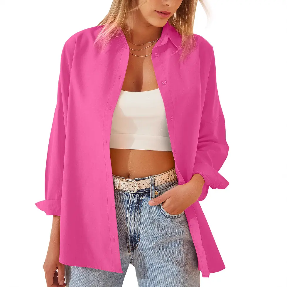 Women Loose Pink Long Sleeve Shirt Summer Casual Fit