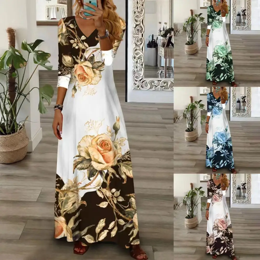 Women Floral Print V Neck Long Sleeve Maxi Dress
