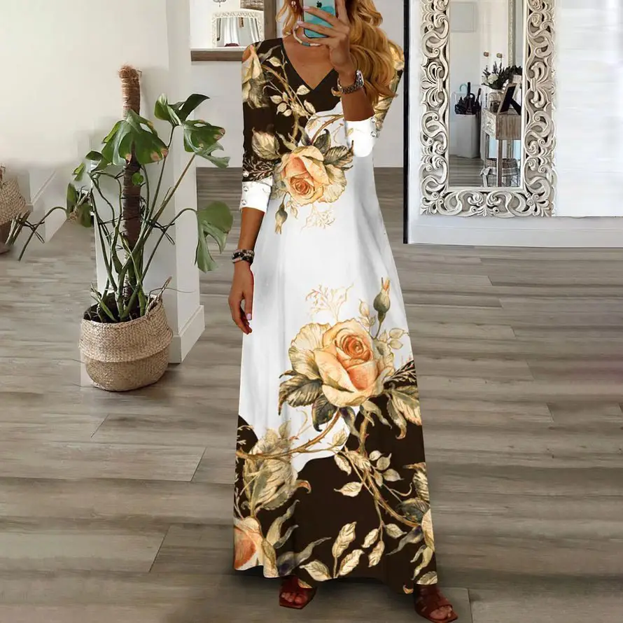 Women Floral Print V Neck Long Sleeve Maxi Dress