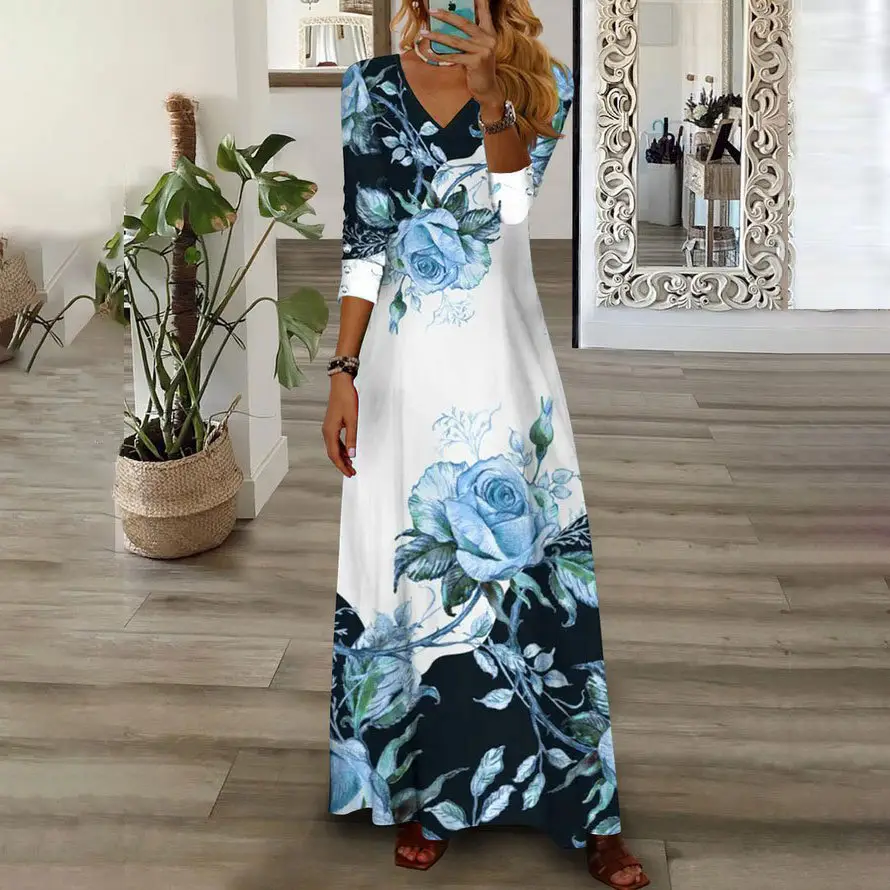 Women Floral Print V Neck Long Sleeve Maxi Dress