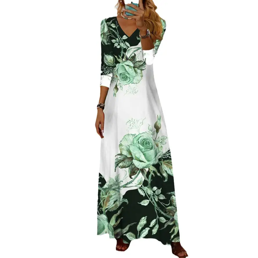 Women Floral Print V Neck Long Sleeve Maxi Dress
