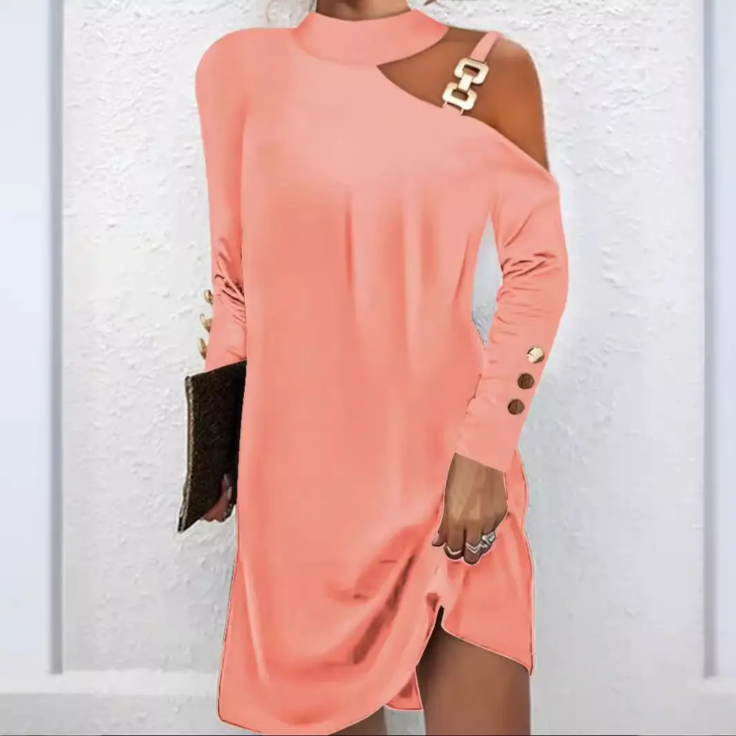 Black Asymmetric Shoulder Buckle Dress Women Autumn