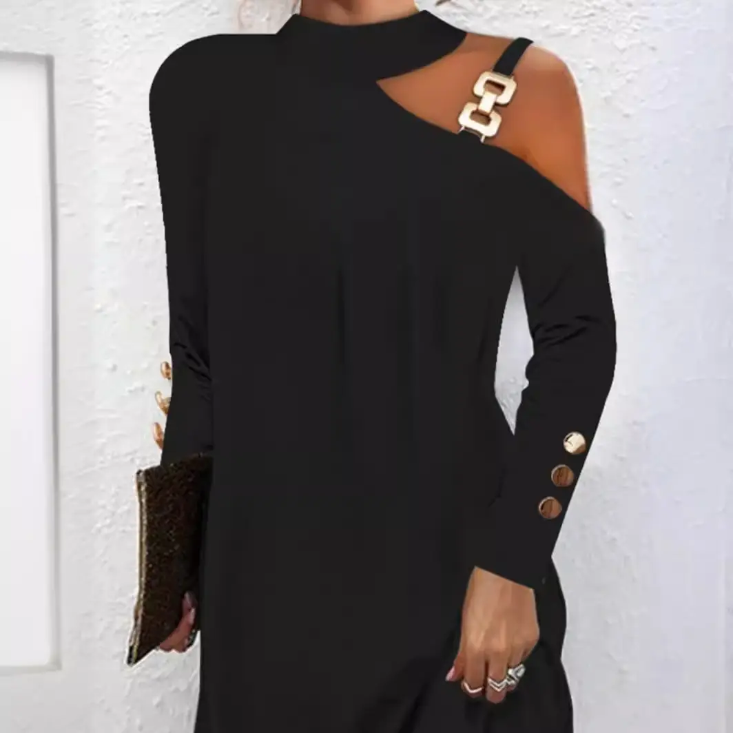 Black Asymmetric Shoulder Buckle Dress Women Autumn