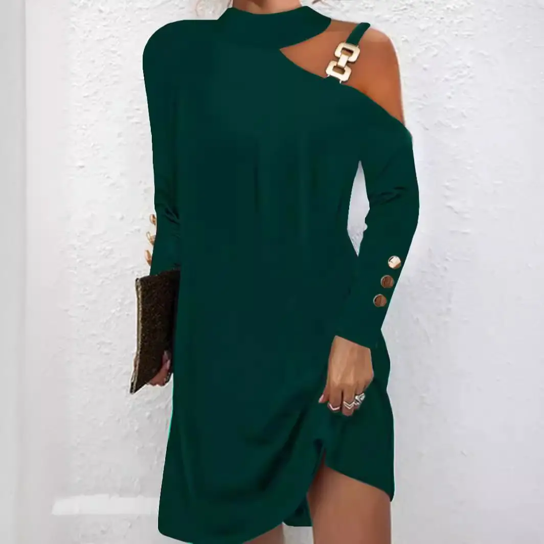 Black Asymmetric Shoulder Buckle Dress Women Autumn