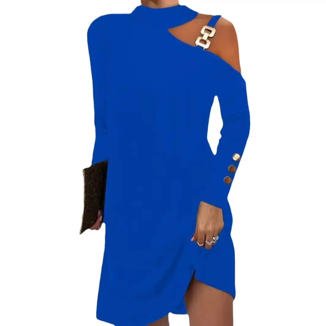 Black Asymmetric Shoulder Buckle Dress Women Autumn