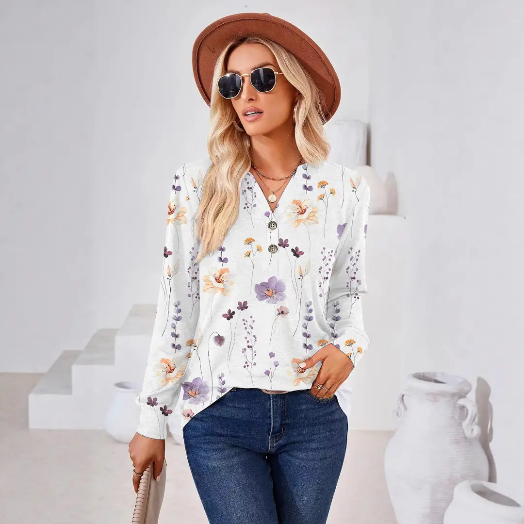 Women Floral Print V Neck Long Sleeve Shirt Grey Summer Casual