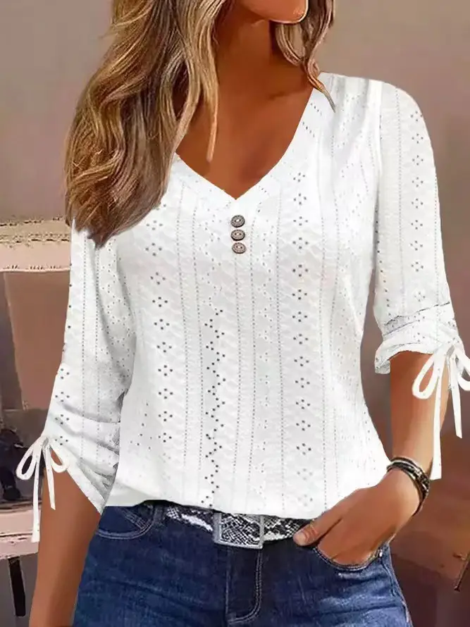 Women V-Neck Button Long Sleeve Top White Jacquard Winter