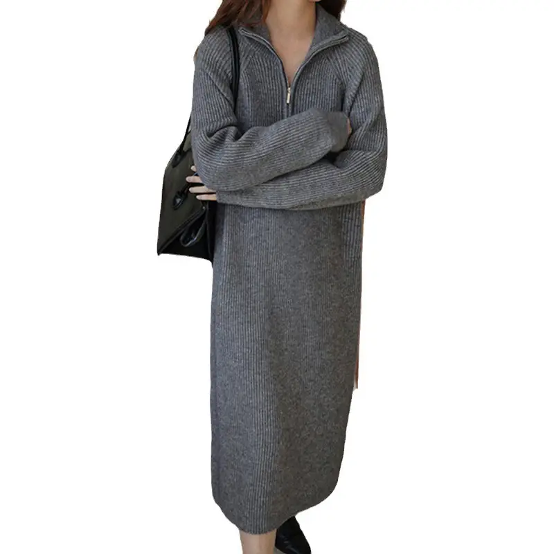 Women Knitted Half-Zip Sweater Dress Creamy White Loose Fit Winter