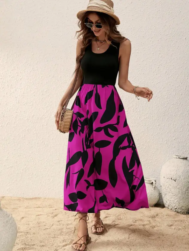Summer Printed Women's Dress Contrast Color High Quality