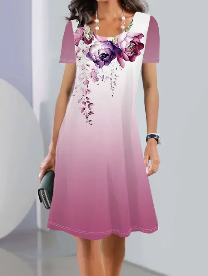 Women Printed Summer Dress Short Sleeve Round Neck Trendy Stylish