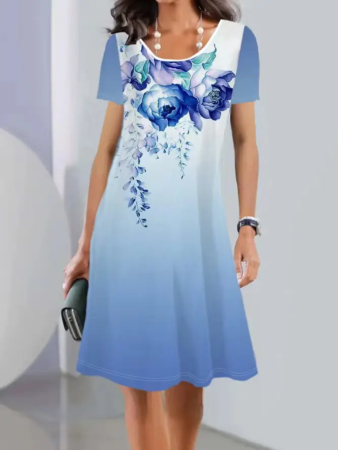 Women Printed Summer Dress Short Sleeve Round Neck Trendy Stylish