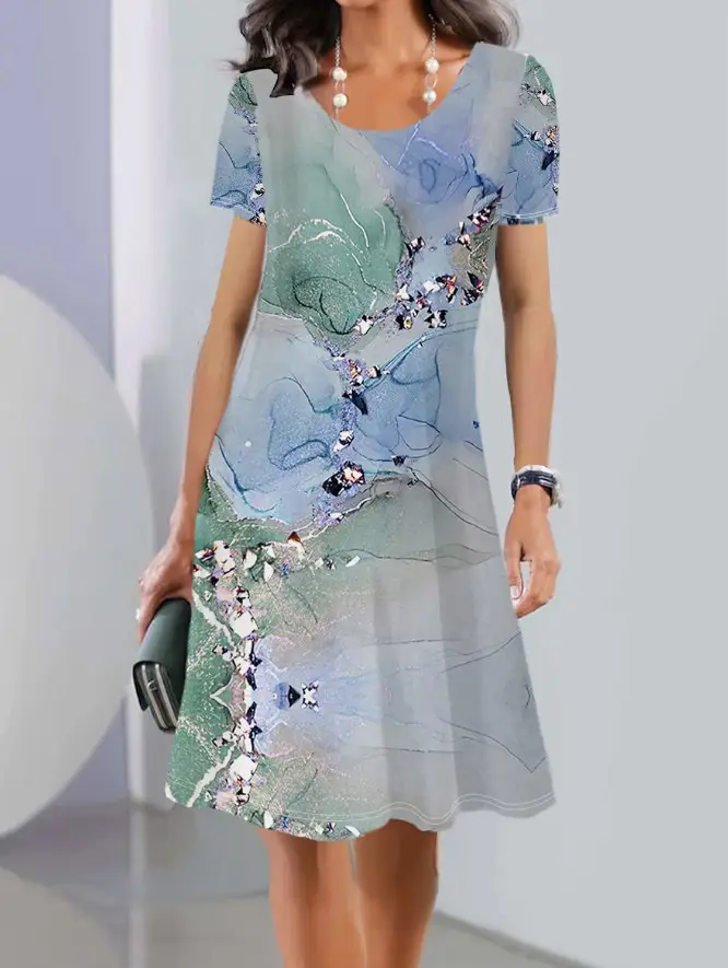 Women Printed Summer Dress Short Sleeve Round Neck Trendy Stylish
