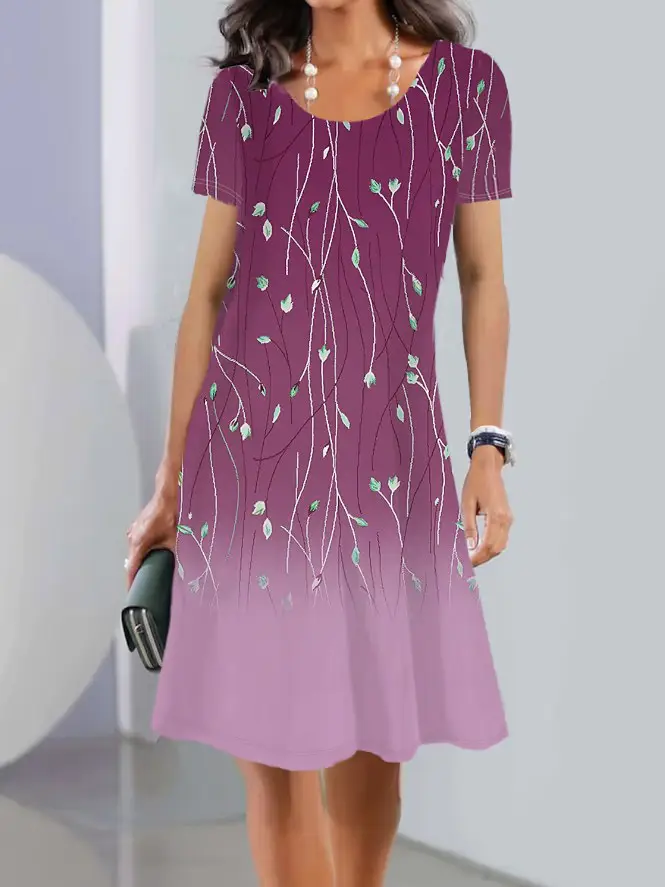 Women Printed Summer Dress Short Sleeve Round Neck Trendy Stylish