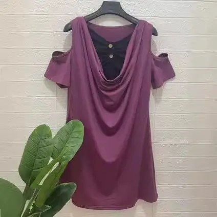 Women Solid Color Leaky Shoulder Dress Wine Red Summer Casual
