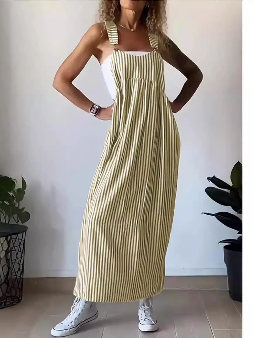 Women Striped Strap Dress Summer Grey New Collection