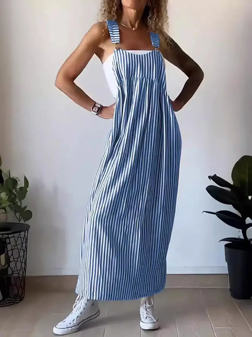 Women Striped Strap Dress Summer Grey New Collection