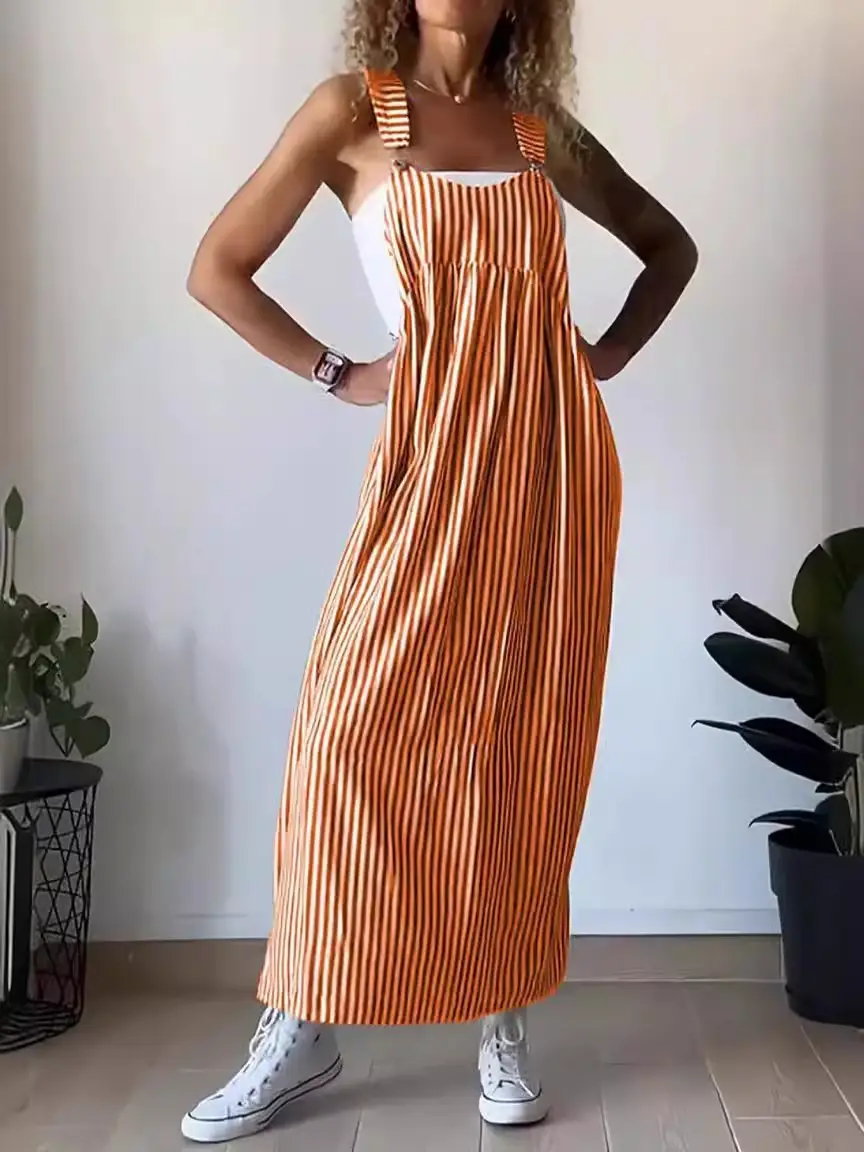 Women Striped Strap Dress Summer Grey New Collection