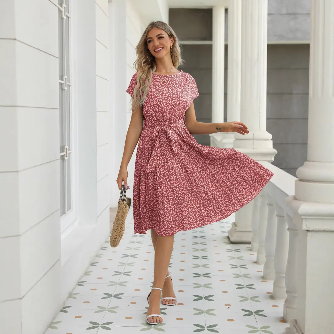 Women Floral Pleated Skirt S-Green Summer Casual