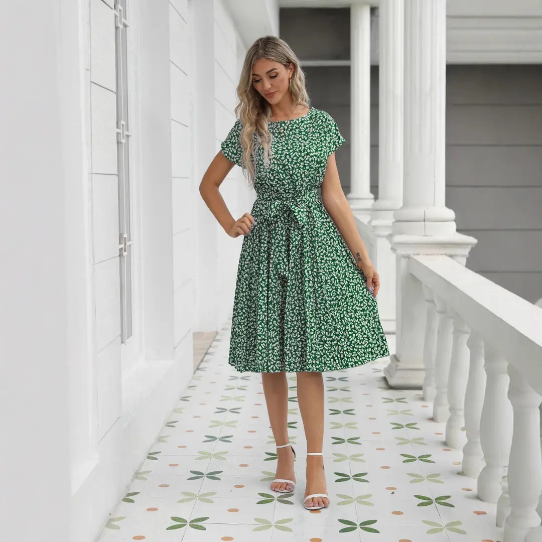 Women Floral Pleated Skirt S-Green Summer Casual