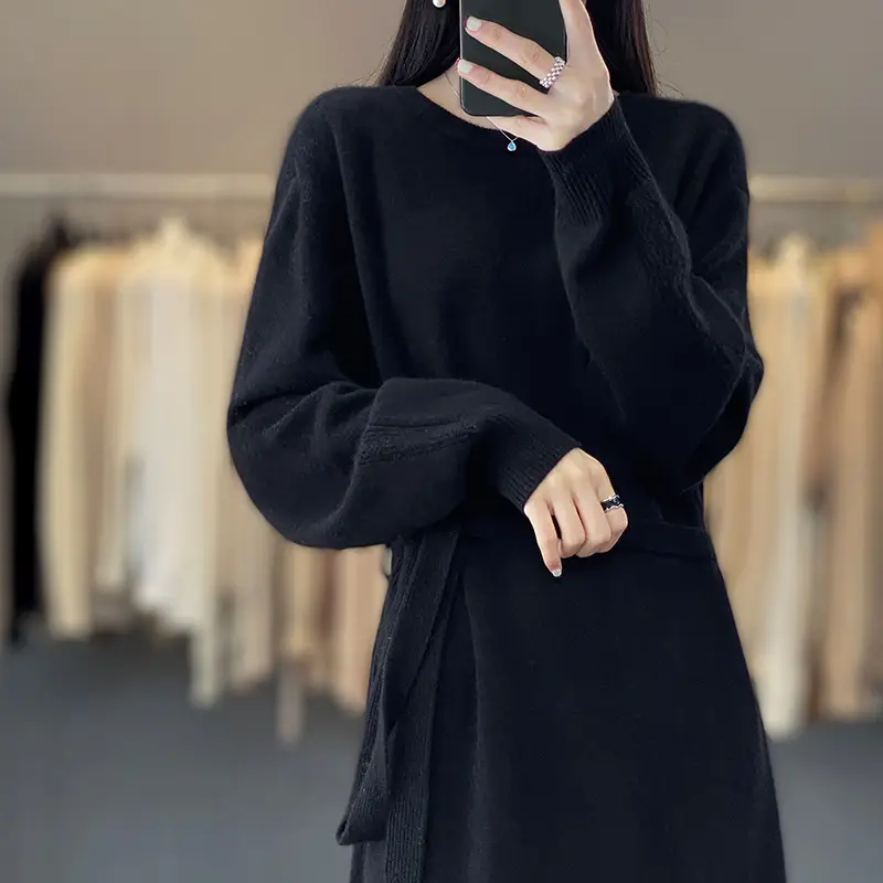 Plus Size Knitted Crewneck Dress Cream Winter