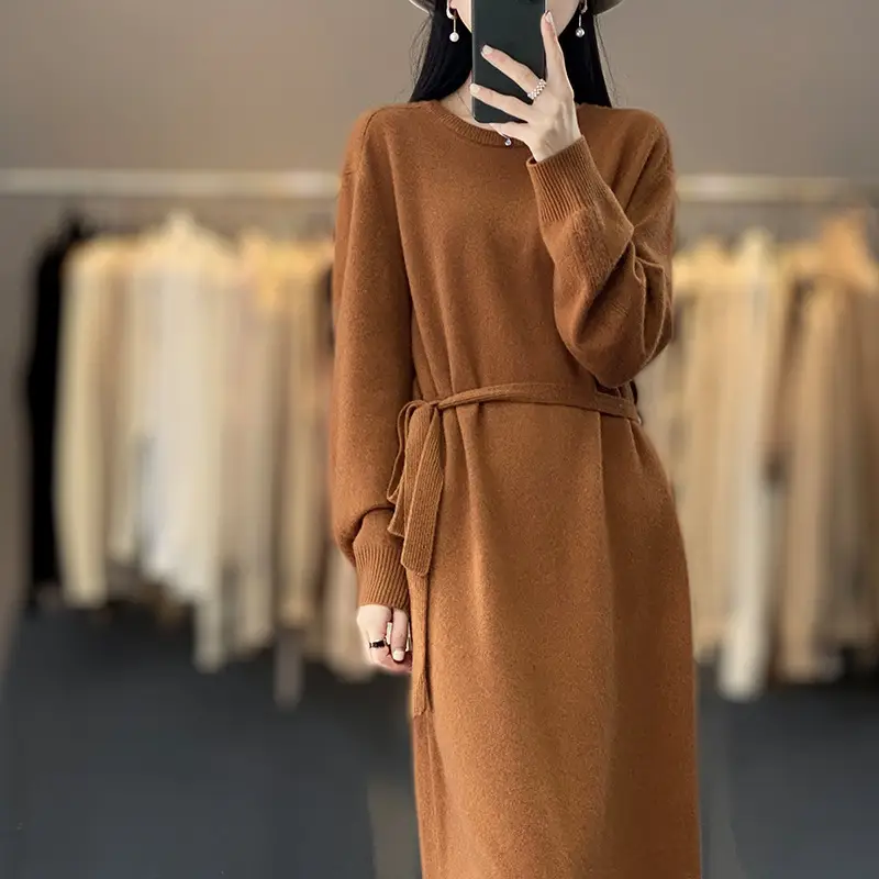 Plus Size Knitted Crewneck Dress Cream Winter
