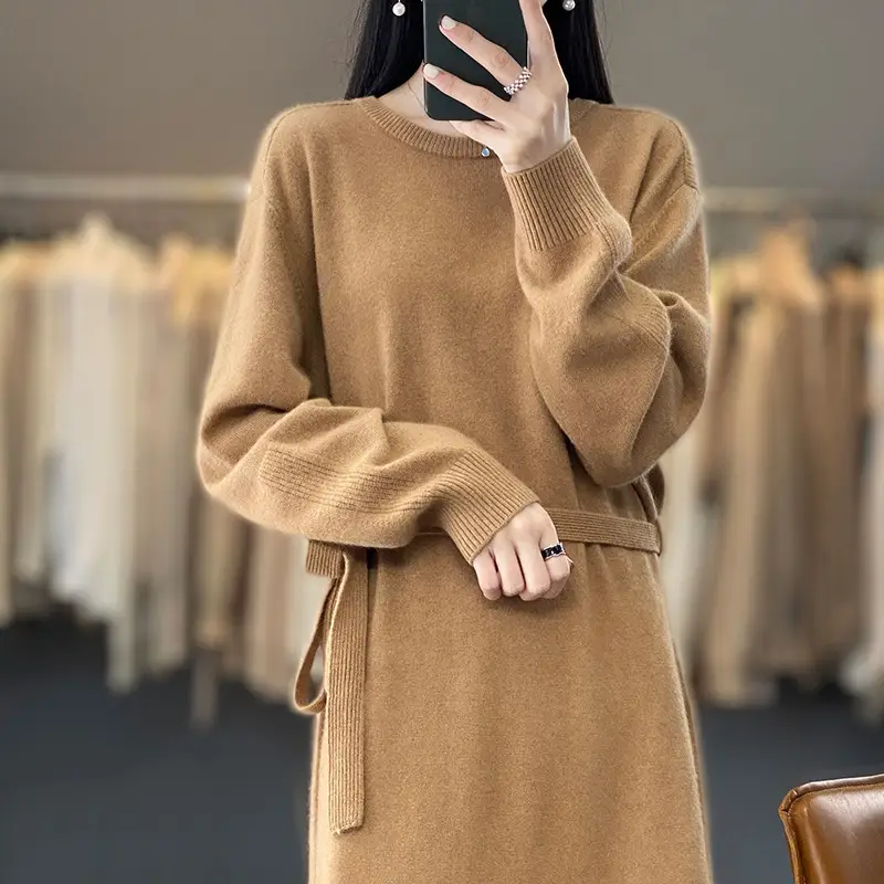 Plus Size Knitted Crewneck Dress Cream Winter