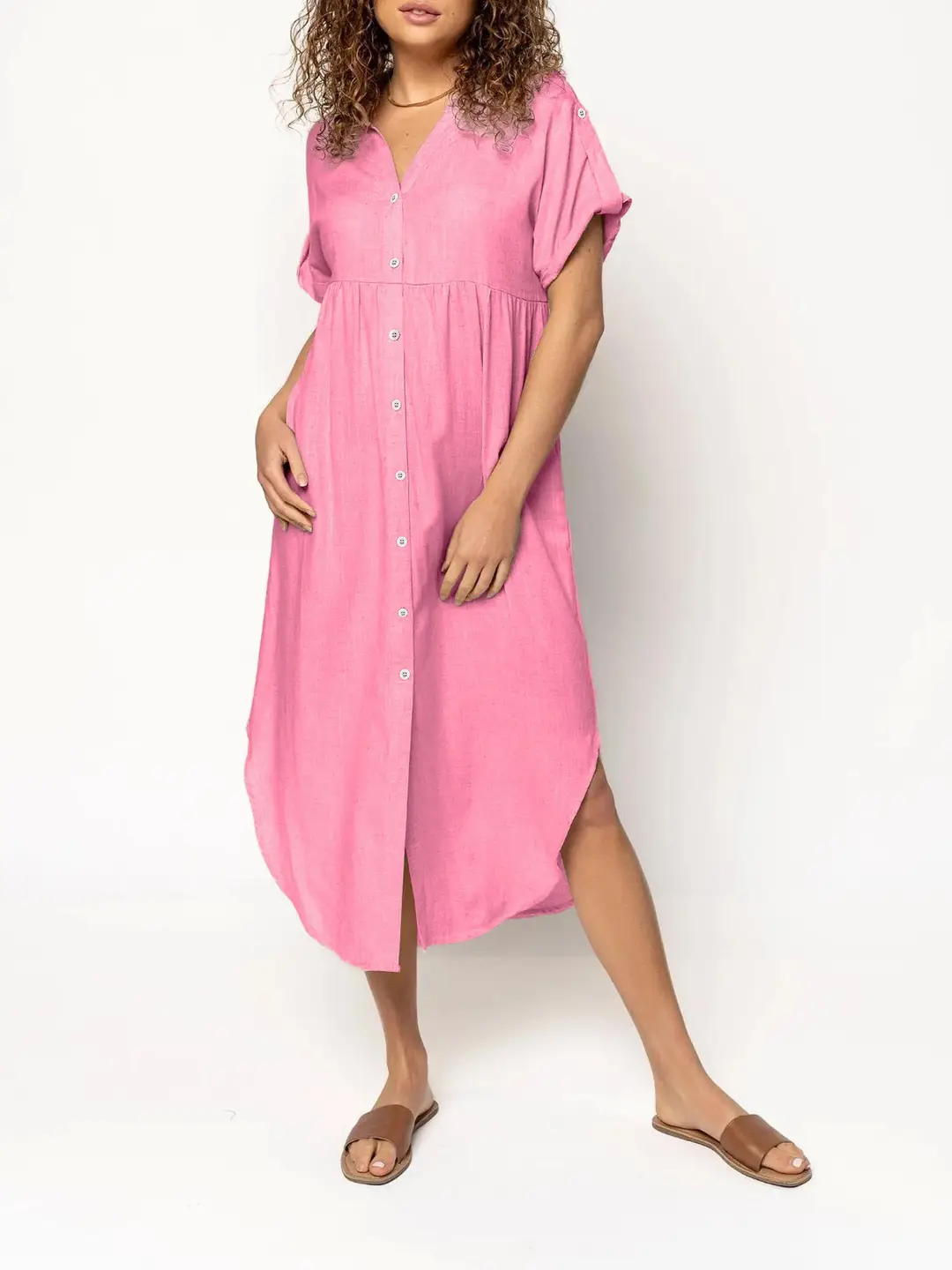 Women Loose Button Dress Pink Summer Casual