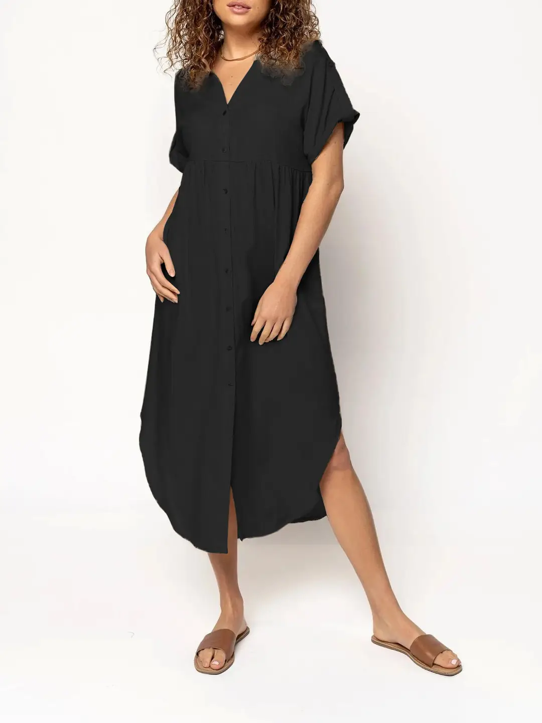 Women Loose Button Dress Pink Summer Casual