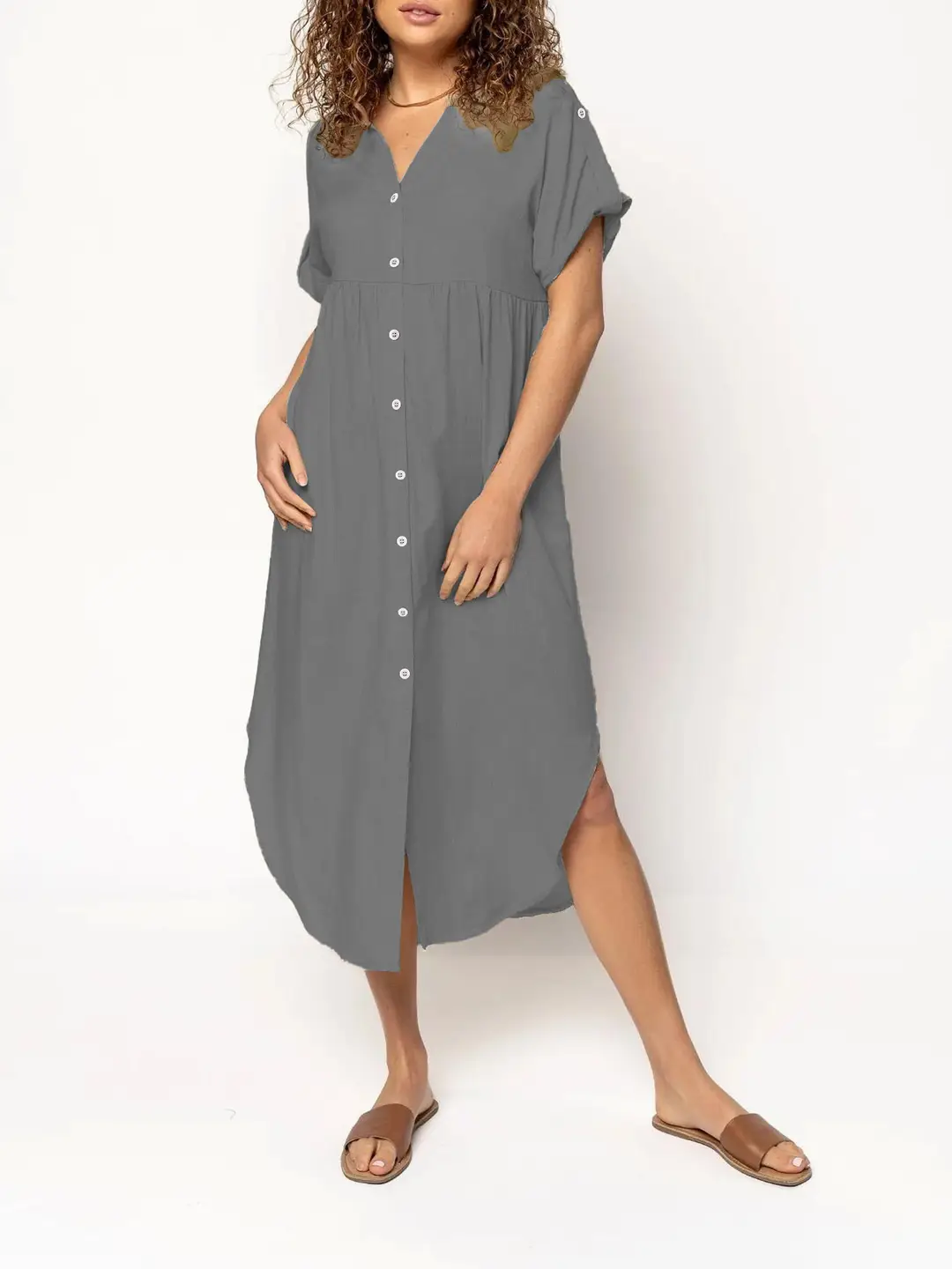 Women Loose Button Dress Pink Summer Casual
