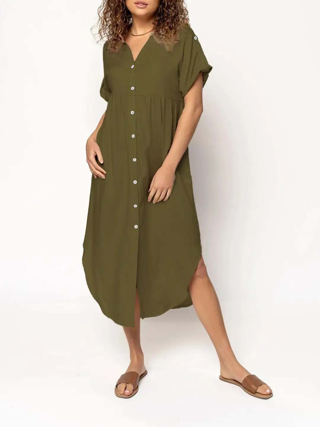 Women Loose Button Dress Pink Summer Casual