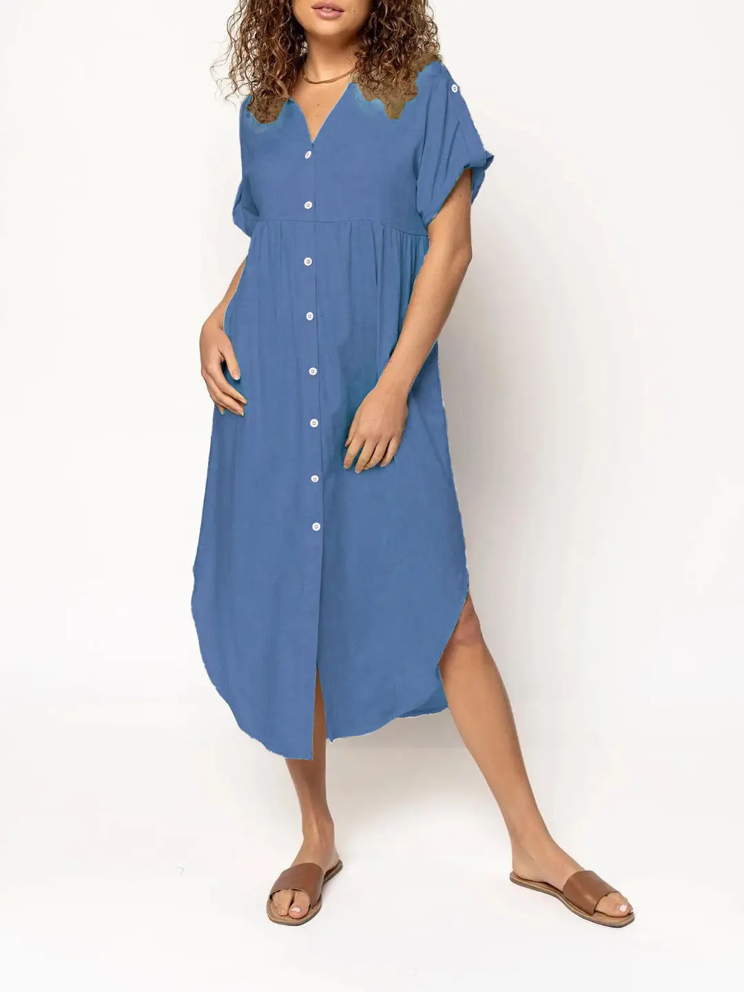 Women Loose Button Dress Pink Summer Casual