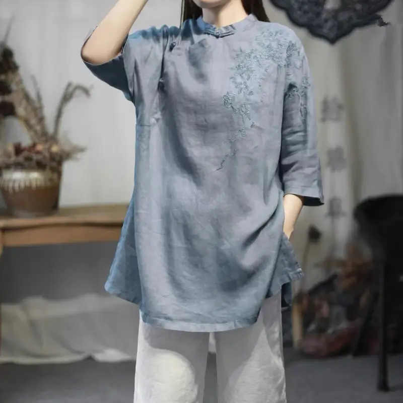Women's Loose Cheongsam Dress M-Green Cotton Summer Plus Size