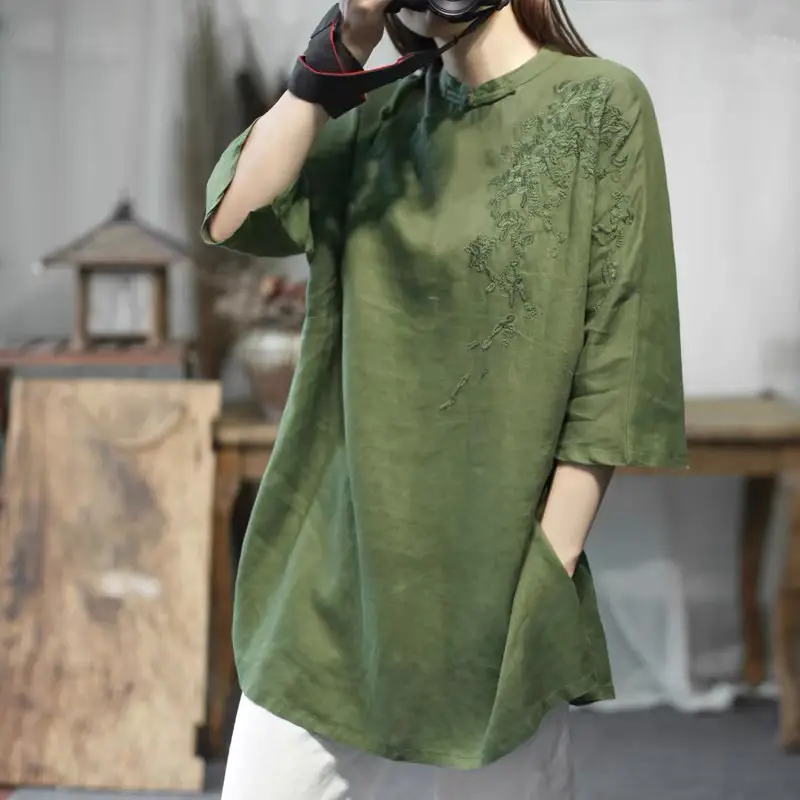 Women's Loose Cheongsam Dress M-Green Cotton Summer Plus Size
