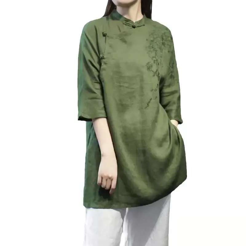Women's Loose Cheongsam Dress M-Green Cotton Summer Plus Size