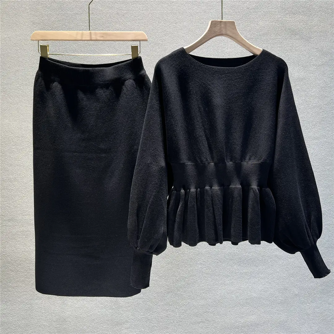 Women Ruffled Sweater & Slim Skirt Set Beige Autumn