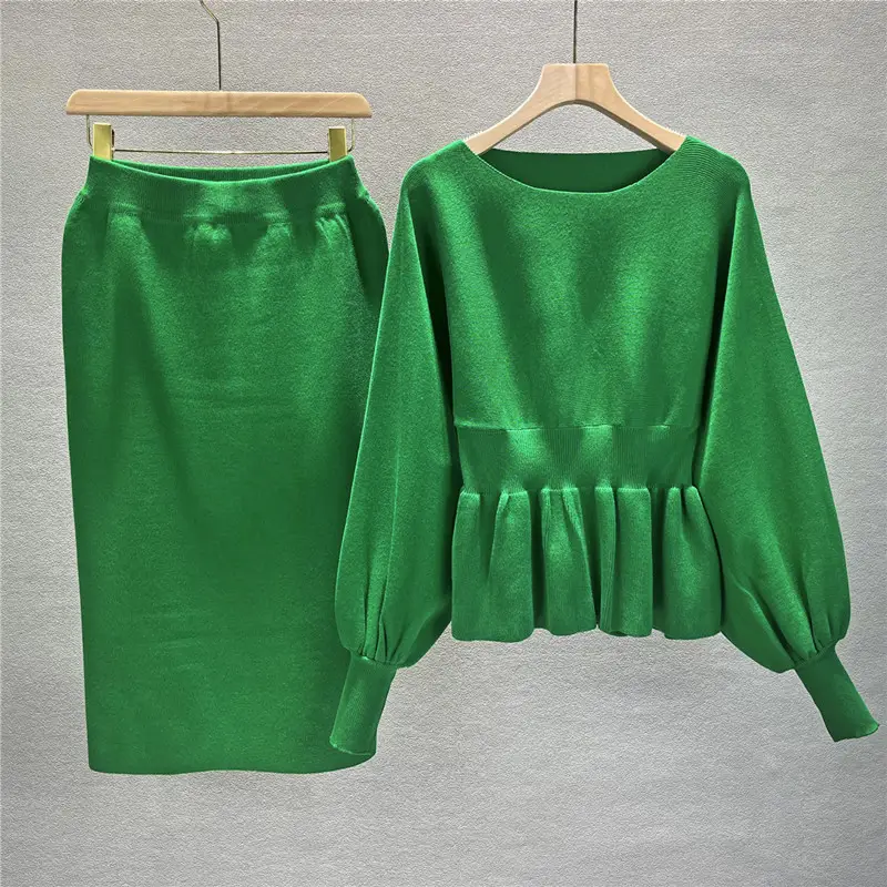 Women Ruffled Sweater & Slim Skirt Set Beige Autumn