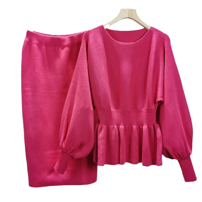 Women Ruffled Sweater & Slim Skirt Set Beige Autumn