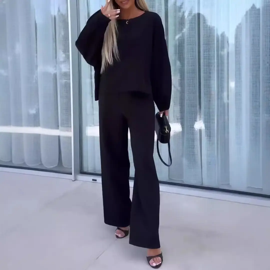 Women Solid Color Long Sleeve Suit Khaki Elastic Waist Pants