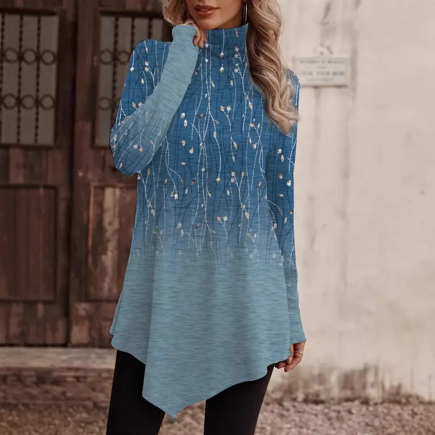 Women High Collar Ethnic Print Long Sleeve Top Winter