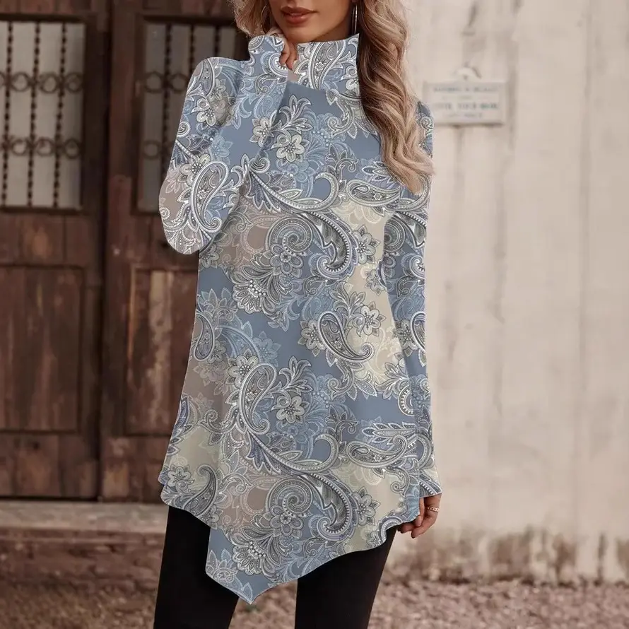Women High Collar Ethnic Print Long Sleeve Top Winter