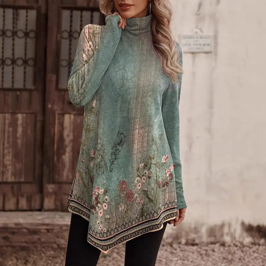 Women High Collar Ethnic Print Long Sleeve Top Winter