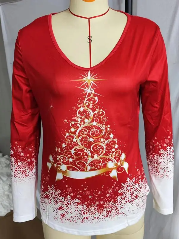Women Christmas Printed V-Neck Long Sleeve T-Shirt Red White
