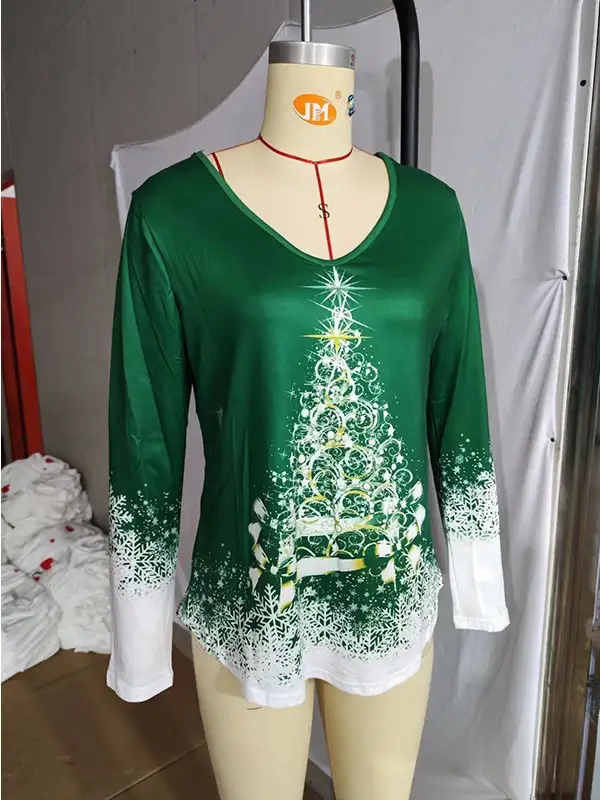 Women Christmas Printed V-Neck Long Sleeve T-Shirt Red White
