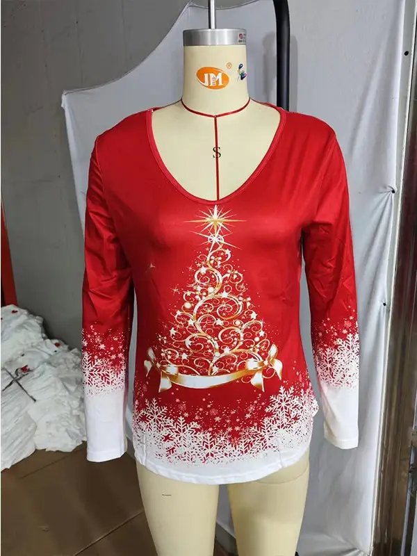 Women Christmas Printed V-Neck Long Sleeve T-Shirt Red White