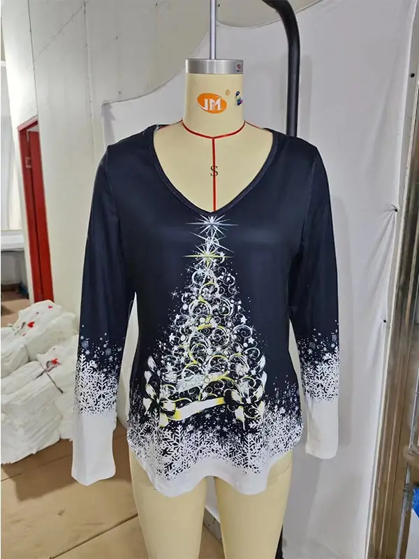 Women Christmas Printed V-Neck Long Sleeve T-Shirt Red White