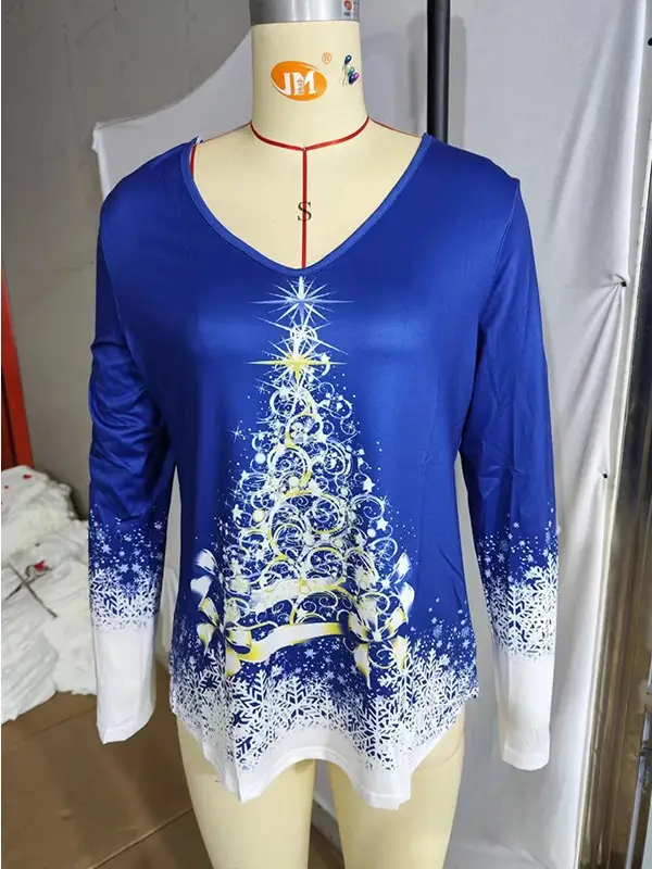Women Christmas Printed V-Neck Long Sleeve T-Shirt Red White