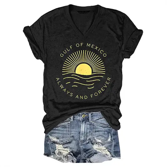Black V-neck T-Shirt Gulf of Mexico Design Summer Wear